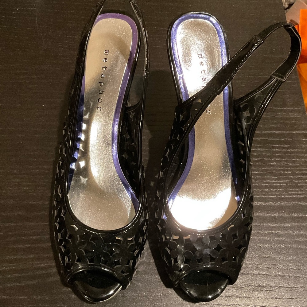 Metaphor black perforated silver platform heel shoes
